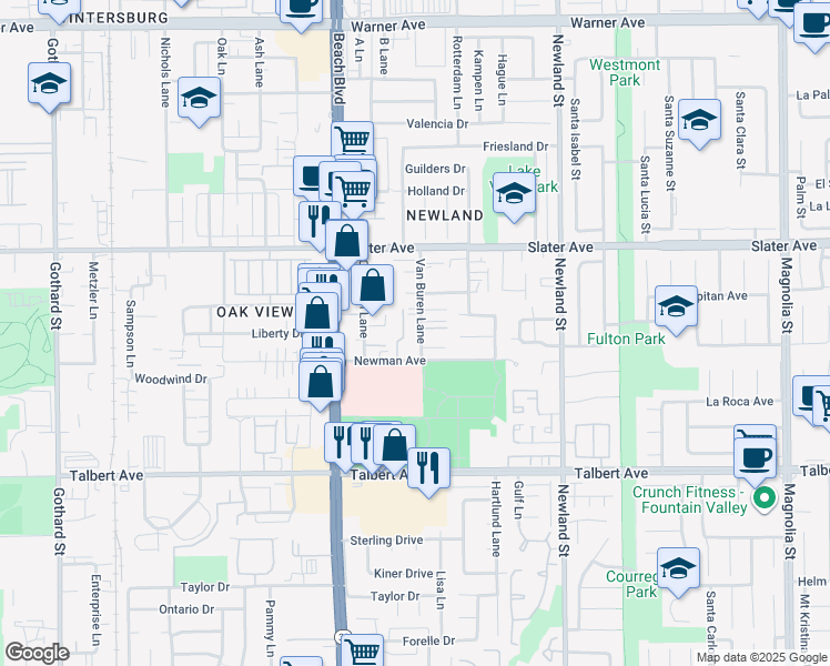map of restaurants, bars, coffee shops, grocery stores, and more near 8201 Newman Avenue in Huntington Beach