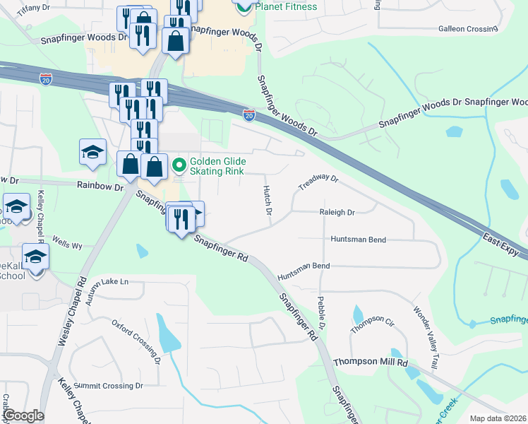 map of restaurants, bars, coffee shops, grocery stores, and more near 2838 Treadway Drive in Decatur