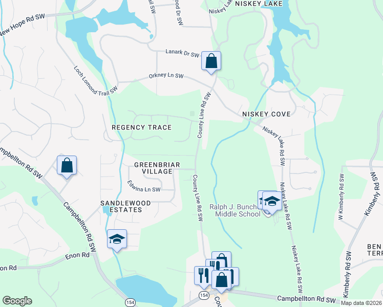map of restaurants, bars, coffee shops, grocery stores, and more near 1825 County Line Road Southwest in Atlanta