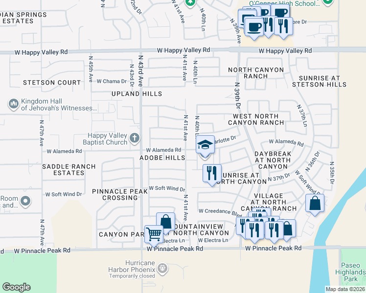 map of restaurants, bars, coffee shops, grocery stores, and more near 4114 West Calle Lejos in Glendale