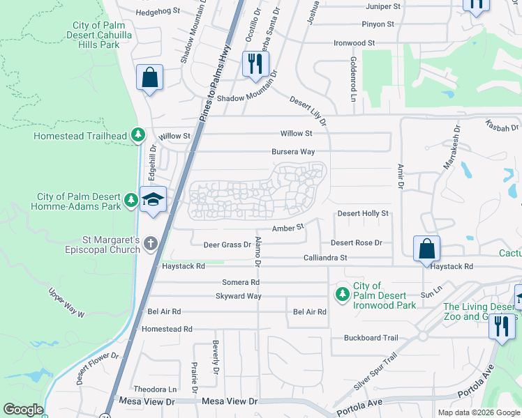 map of restaurants, bars, coffee shops, grocery stores, and more near 73010 Amber Street in Palm Desert