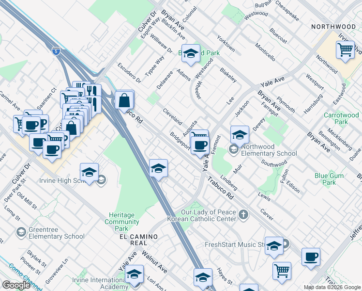 map of restaurants, bars, coffee shops, grocery stores, and more near 86 Bridgeport in Irvine