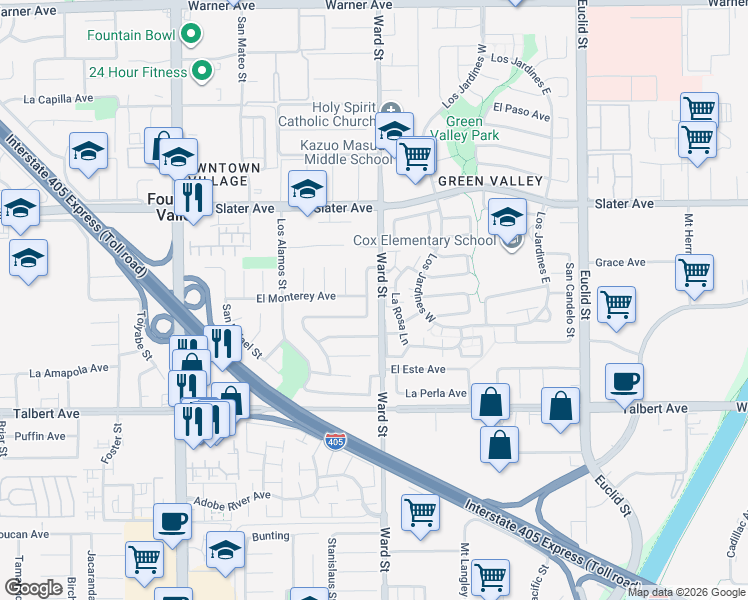 map of restaurants, bars, coffee shops, grocery stores, and more near 10444 La Cebra Avenue in Fountain Valley