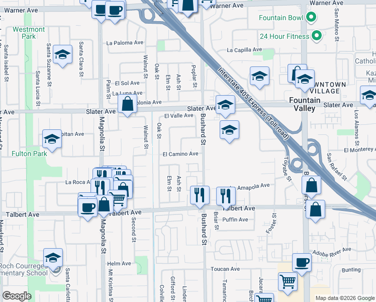 map of restaurants, bars, coffee shops, grocery stores, and more near 9411 Unity Court in Fountain Valley
