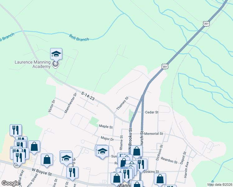 map of restaurants, bars, coffee shops, grocery stores, and more near 415 Thames Street in Manning