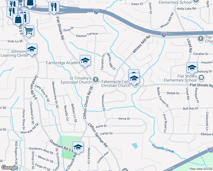 map of restaurants, bars, coffee shops, grocery stores, and more near 2786 Hermosa Drive in Decatur