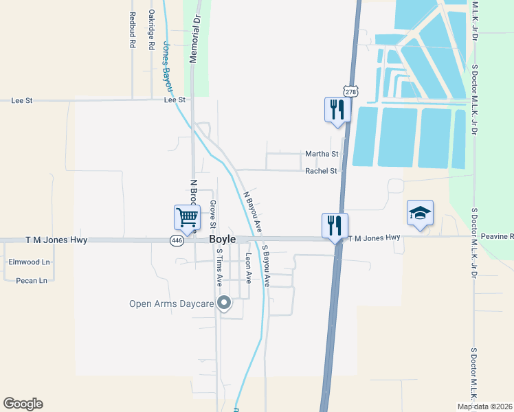 map of restaurants, bars, coffee shops, grocery stores, and more near 144 North Bayou Avenue in Boyle