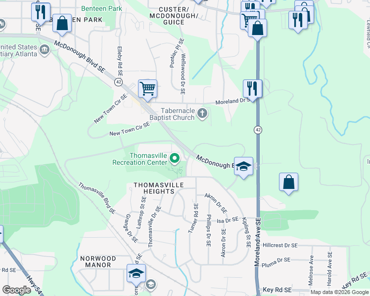 map of restaurants, bars, coffee shops, grocery stores, and more near McDonough Boulevard Southeast in Atlanta