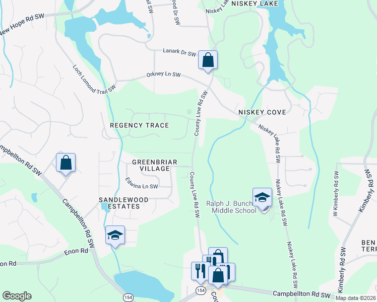 map of restaurants, bars, coffee shops, grocery stores, and more near 1825 County Line Road Southwest in Atlanta