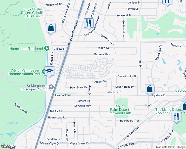 map of restaurants, bars, coffee shops, grocery stores, and more near 73010 Amber Street in Palm Desert