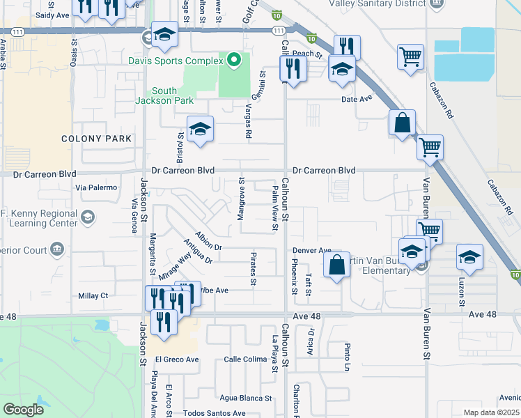 map of restaurants, bars, coffee shops, grocery stores, and more near 83389 Wexford Avenue in Indio