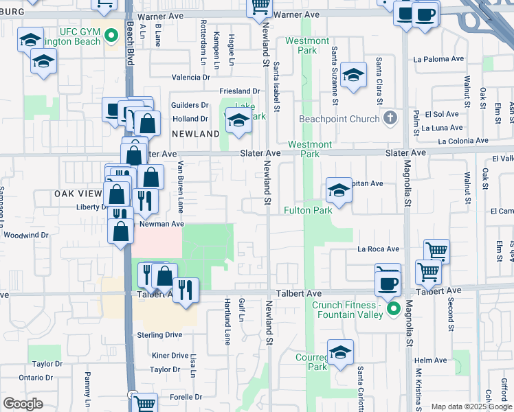 map of restaurants, bars, coffee shops, grocery stores, and more near 8472 El Arroyo Drive in Huntington Beach
