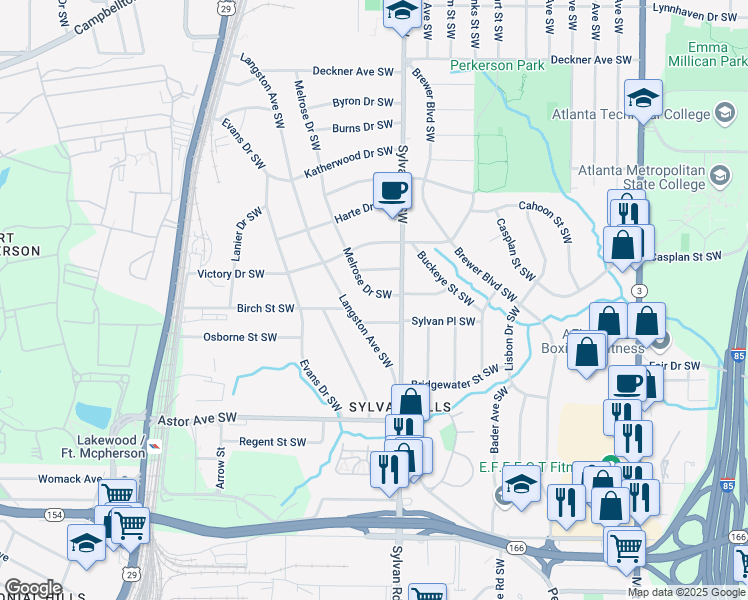 map of restaurants, bars, coffee shops, grocery stores, and more near 1791 Melrose Drive Southwest in Atlanta
