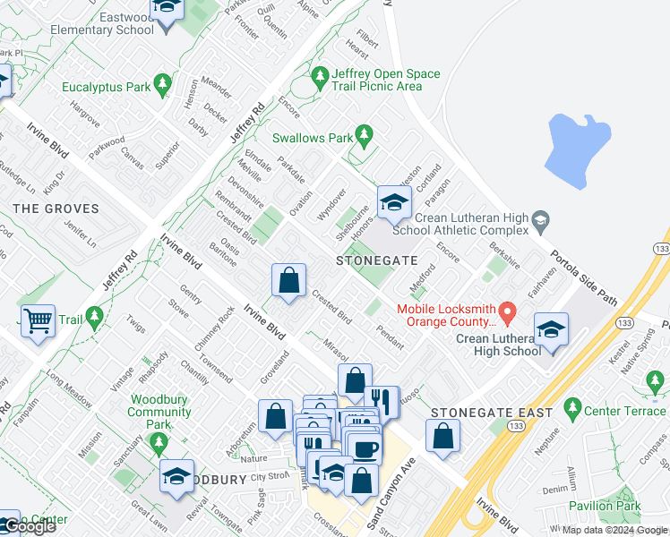 map of restaurants, bars, coffee shops, grocery stores, and more near 260 Kempton in Irvine