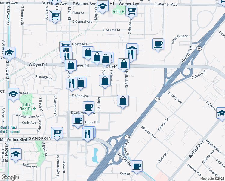 map of restaurants, bars, coffee shops, grocery stores, and more near 502 East Alton Avenue in Santa Ana