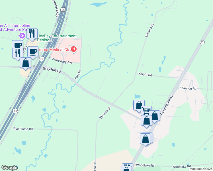 map of restaurants, bars, coffee shops, grocery stores, and more near 5600 Woodlands Trail in Denison