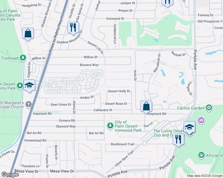 map of restaurants, bars, coffee shops, grocery stores, and more near 73347 Goldflower Street in Palm Desert