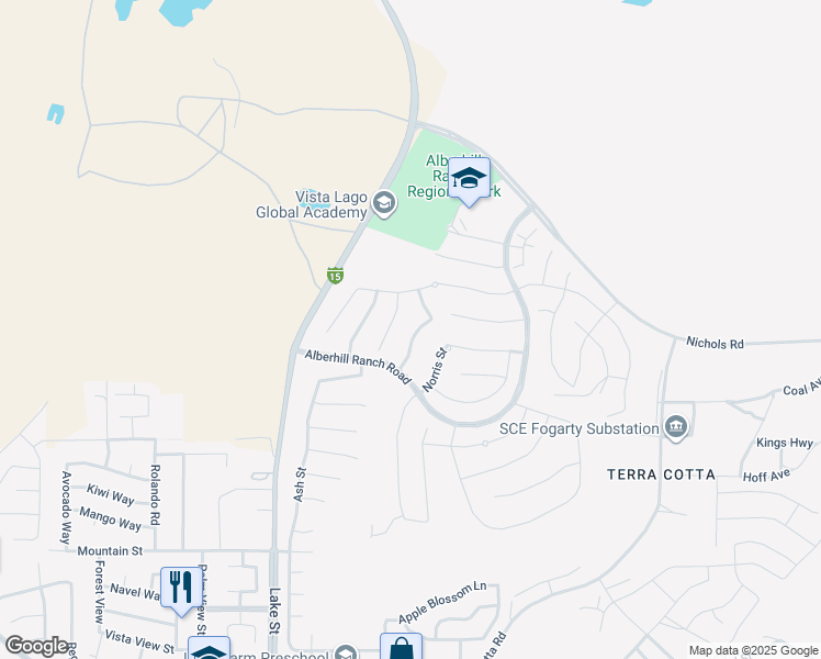 map of restaurants, bars, coffee shops, grocery stores, and more near 4114 Larkspur Street in Lake Elsinore