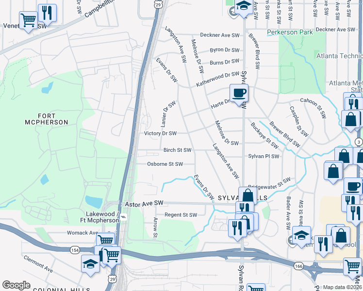 map of restaurants, bars, coffee shops, grocery stores, and more near 1060 Victory Drive Southwest in Atlanta