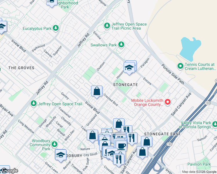 map of restaurants, bars, coffee shops, grocery stores, and more near 101 Doverwood in Irvine