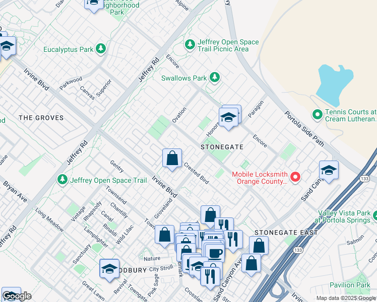 map of restaurants, bars, coffee shops, grocery stores, and more near 226 Mayfair in Irvine