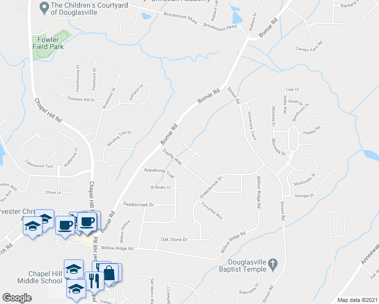 map of restaurants, bars, coffee shops, grocery stores, and more near 3892 Welham Green Court in Douglasville