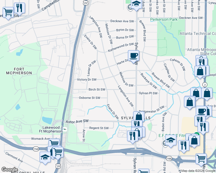 map of restaurants, bars, coffee shops, grocery stores, and more near 1060 Victory Drive Southwest in Atlanta