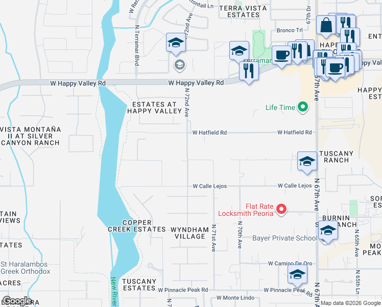 map of restaurants, bars, coffee shops, grocery stores, and more near 24521 North 72nd Avenue in Peoria