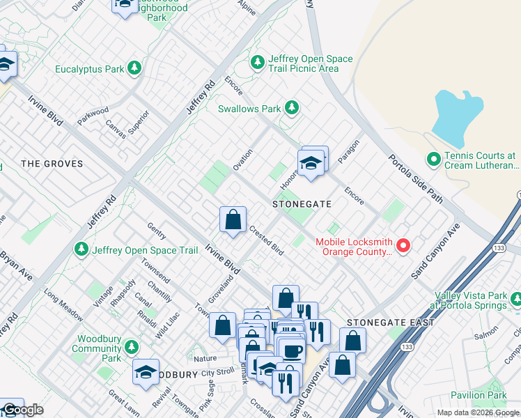 map of restaurants, bars, coffee shops, grocery stores, and more near 101 Doverwood in Irvine