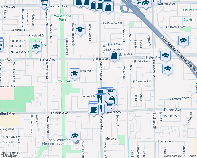 map of restaurants, bars, coffee shops, grocery stores, and more near 17640 Santa Elena Street in Fountain Valley