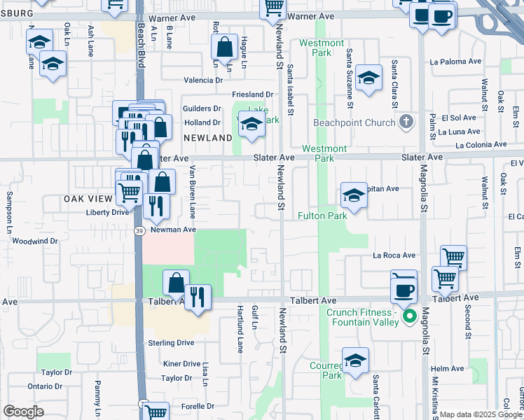 map of restaurants, bars, coffee shops, grocery stores, and more near 8471 Benjamin Drive in Huntington Beach
