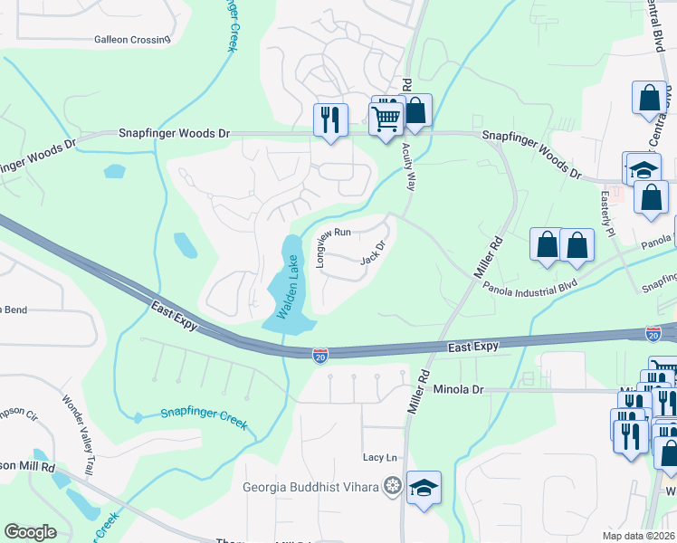 map of restaurants, bars, coffee shops, grocery stores, and more near 4877 Longview Run in Decatur