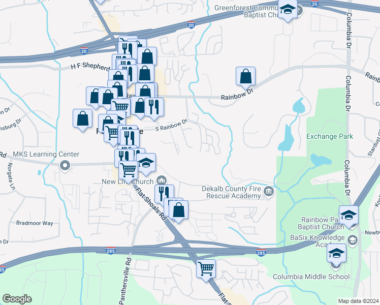 map of restaurants, bars, coffee shops, grocery stores, and more near 1573 Eastern Sunrise Lane in Decatur