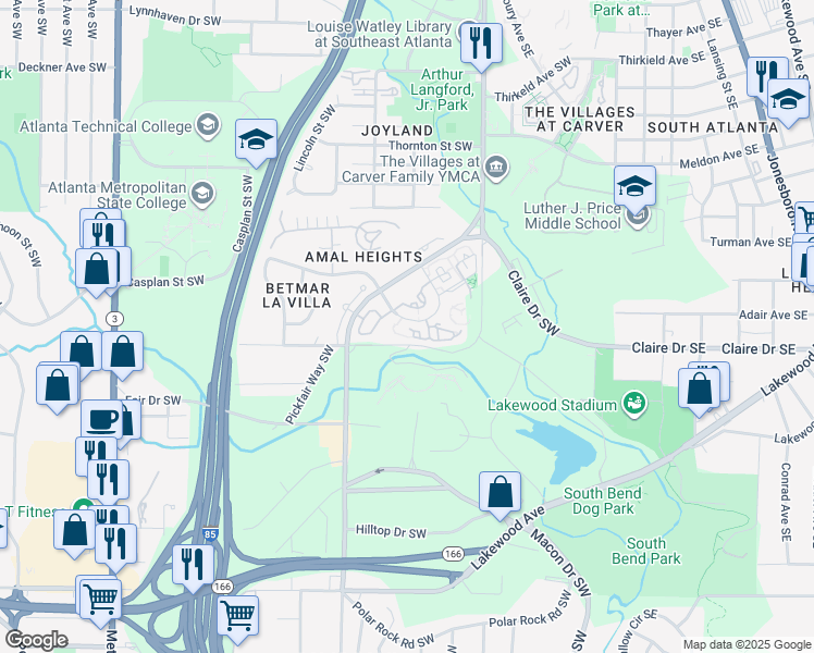 map of restaurants, bars, coffee shops, grocery stores, and more near 3001 Amal Drive Southwest in Atlanta