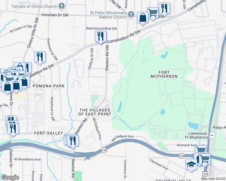map of restaurants, bars, coffee shops, grocery stores, and more near 1776 Stanton Road Southwest in Atlanta