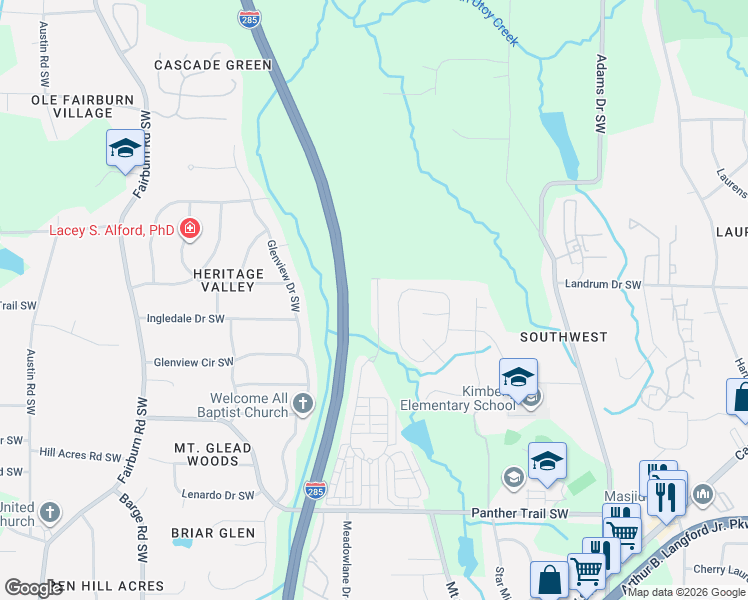 map of restaurants, bars, coffee shops, grocery stores, and more near 3440 Cascade Parc Boulevard Southwest in Atlanta