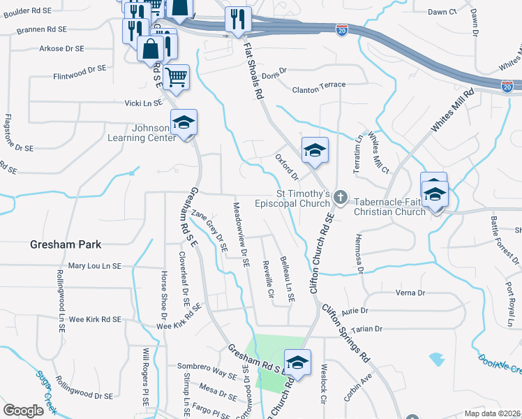 map of restaurants, bars, coffee shops, grocery stores, and more near 2097 Parker Ranch Road Southeast in Atlanta