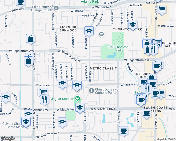 map of restaurants, bars, coffee shops, grocery stores, and more near 3117 South Center Street in Santa Ana