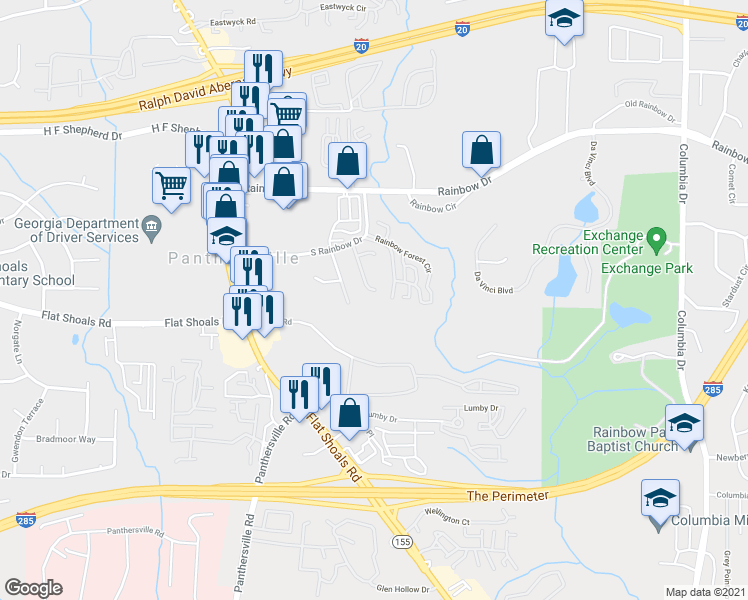 map of restaurants, bars, coffee shops, grocery stores, and more near 1573 Eastern Sunrise Lane in Decatur