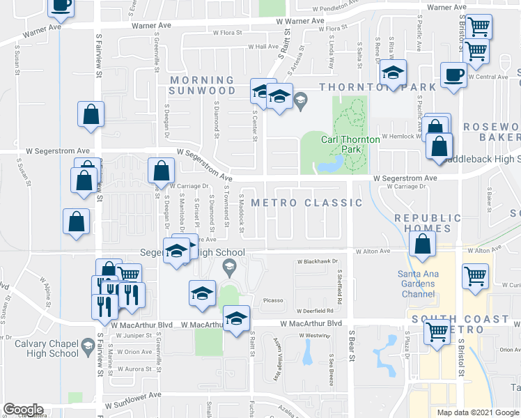 map of restaurants, bars, coffee shops, grocery stores, and more near 3117 South Center Street in Santa Ana