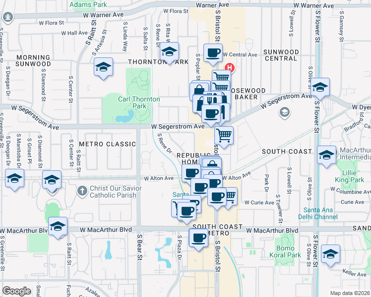 map of restaurants, bars, coffee shops, grocery stores, and more near 3109 South Rita Way in Santa Ana
