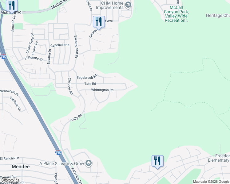 map of restaurants, bars, coffee shops, grocery stores, and more near 27915 Tate Road in Menifee