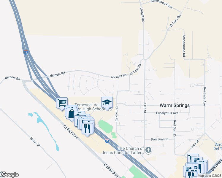 map of restaurants, bars, coffee shops, grocery stores, and more near 19125 River Rock Court in Lake Elsinore