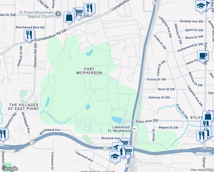 map of restaurants, bars, coffee shops, grocery stores, and more near Walker Drive in Atlanta