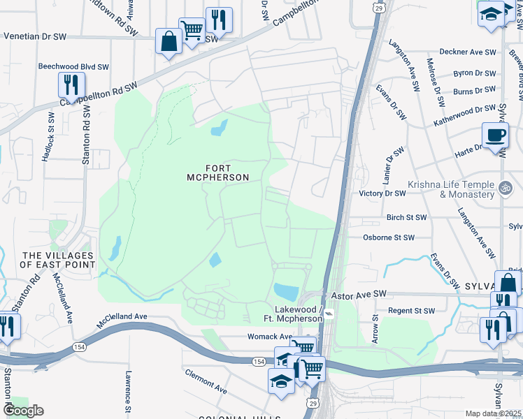 map of restaurants, bars, coffee shops, grocery stores, and more near Walker Drive in Atlanta