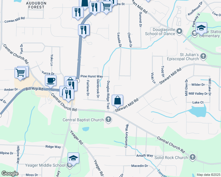 map of restaurants, bars, coffee shops, grocery stores, and more near 3680 Douglas Ridge Trail in Douglasville