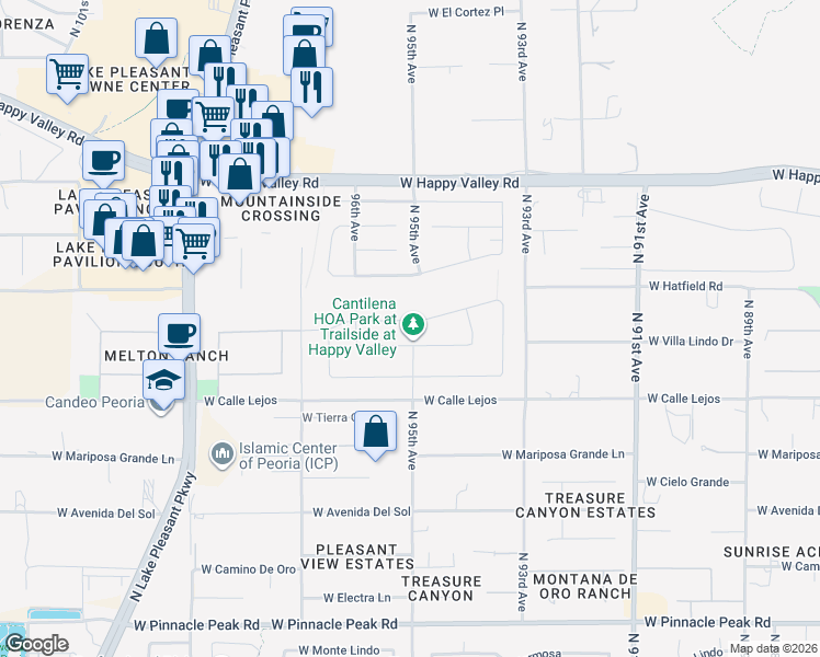 map of restaurants, bars, coffee shops, grocery stores, and more near 9526 West Jj Ranch Road in Peoria