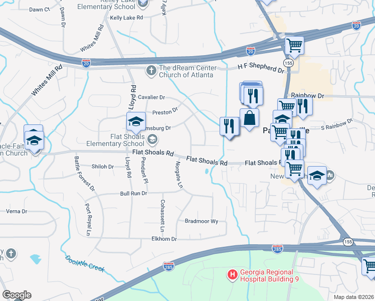map of restaurants, bars, coffee shops, grocery stores, and more near 2775 Williamsburg Way in Decatur