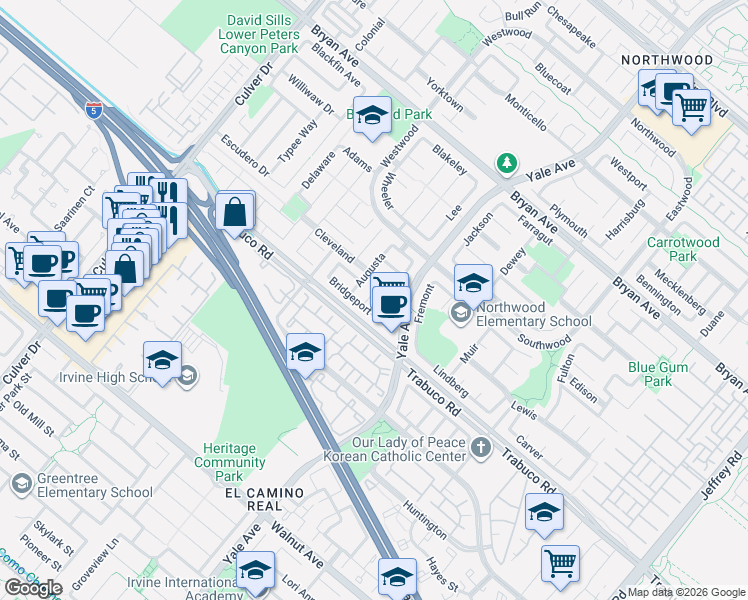 map of restaurants, bars, coffee shops, grocery stores, and more near 43 Augusta in Irvine