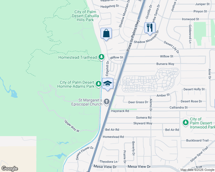 map of restaurants, bars, coffee shops, grocery stores, and more near 72667 Raven Road in Palm Desert